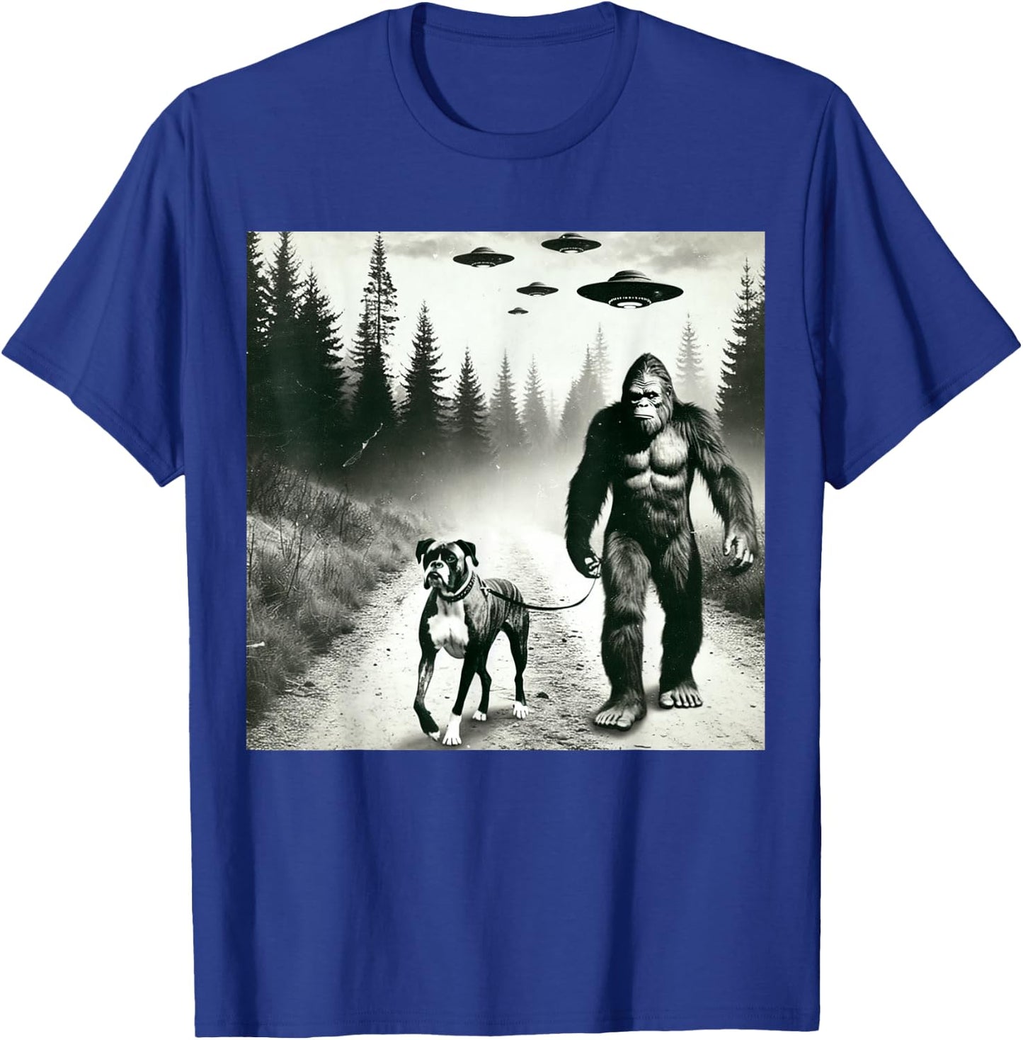 Funny Bigfoot Walking With Boxer Dog. Bigfoot And Dog UFO T-Shirt - T-Shirt | Royal