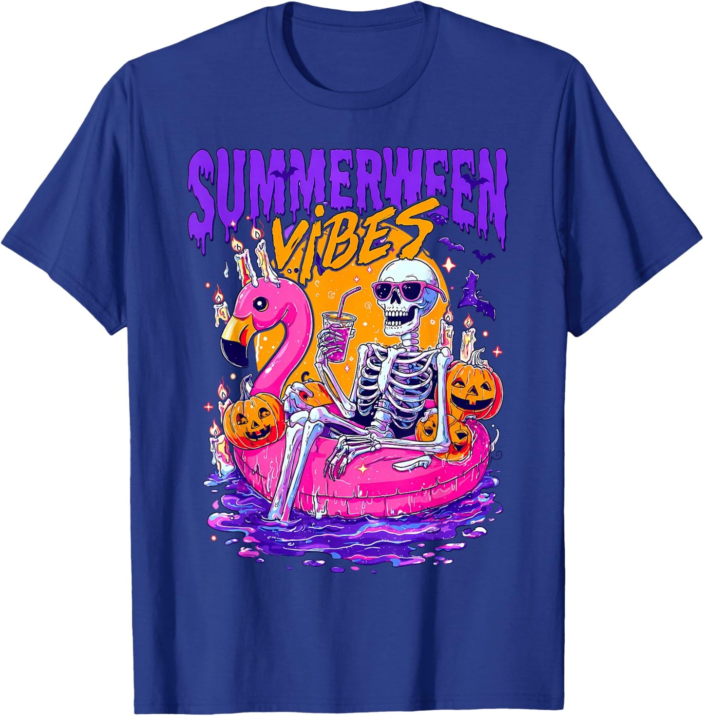 Summerween Funny Skeletons Halloween Floating Pool Pumpkin T-Shirt - T-Shirt | Royal