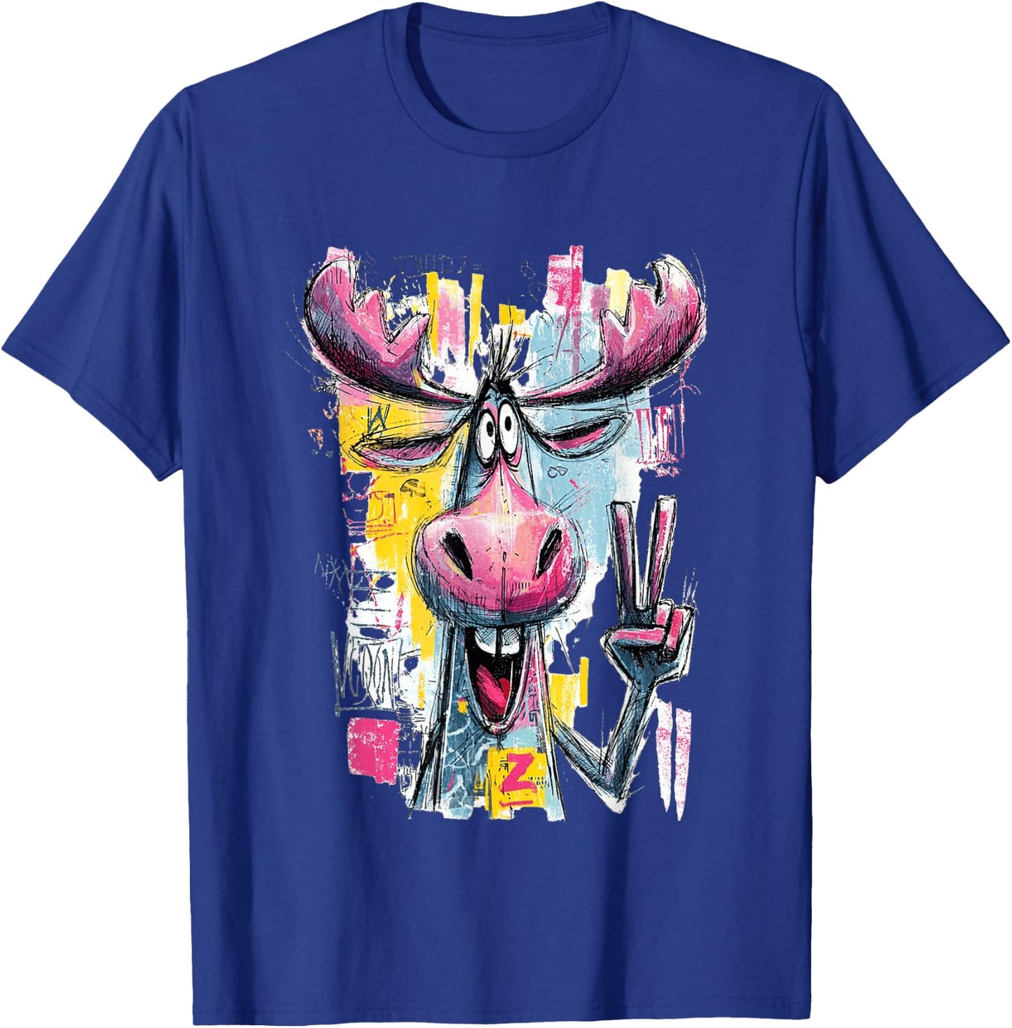 Funny Moose Peace Graffiti Pop Character Graphic Art Face T-Shirt - T-Shirt | Royal