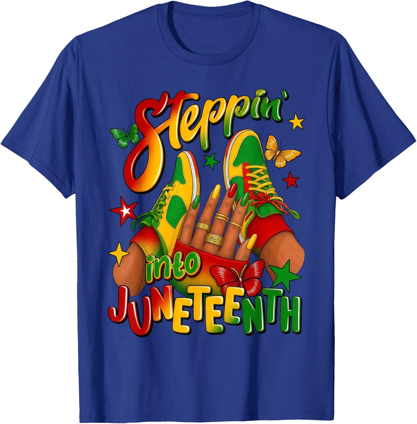 Steppin' Into Juneteenth 1865 Melanin Queen Afro Black Woman T-Shirt - T-Shirt | Royal