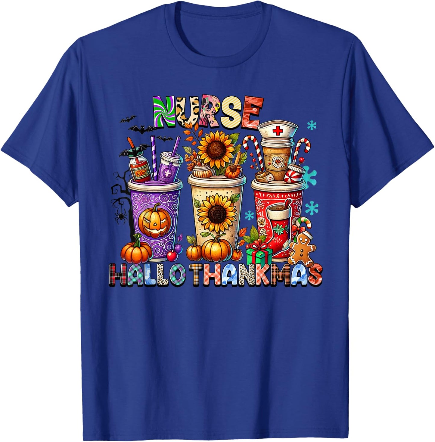 halloween thanksgiving christmas happy hallothanksmas Nurse T-Shirt - T-Shirt | Royal