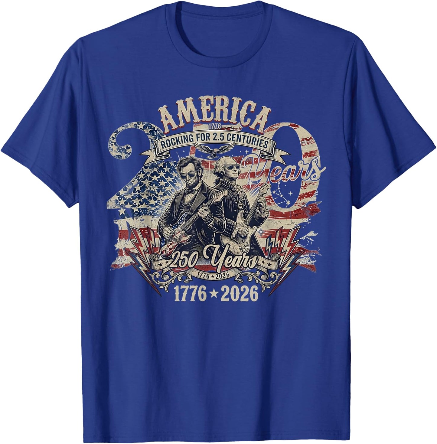 Patriotic Washington Lincoln Playing Guitar 250 Years T-Shirt - T-Shirt | Royal