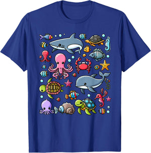 Colourful Sea Animals for Kids, Cute Sea Creatures , black T-Shirt - T-Shirt | Royal