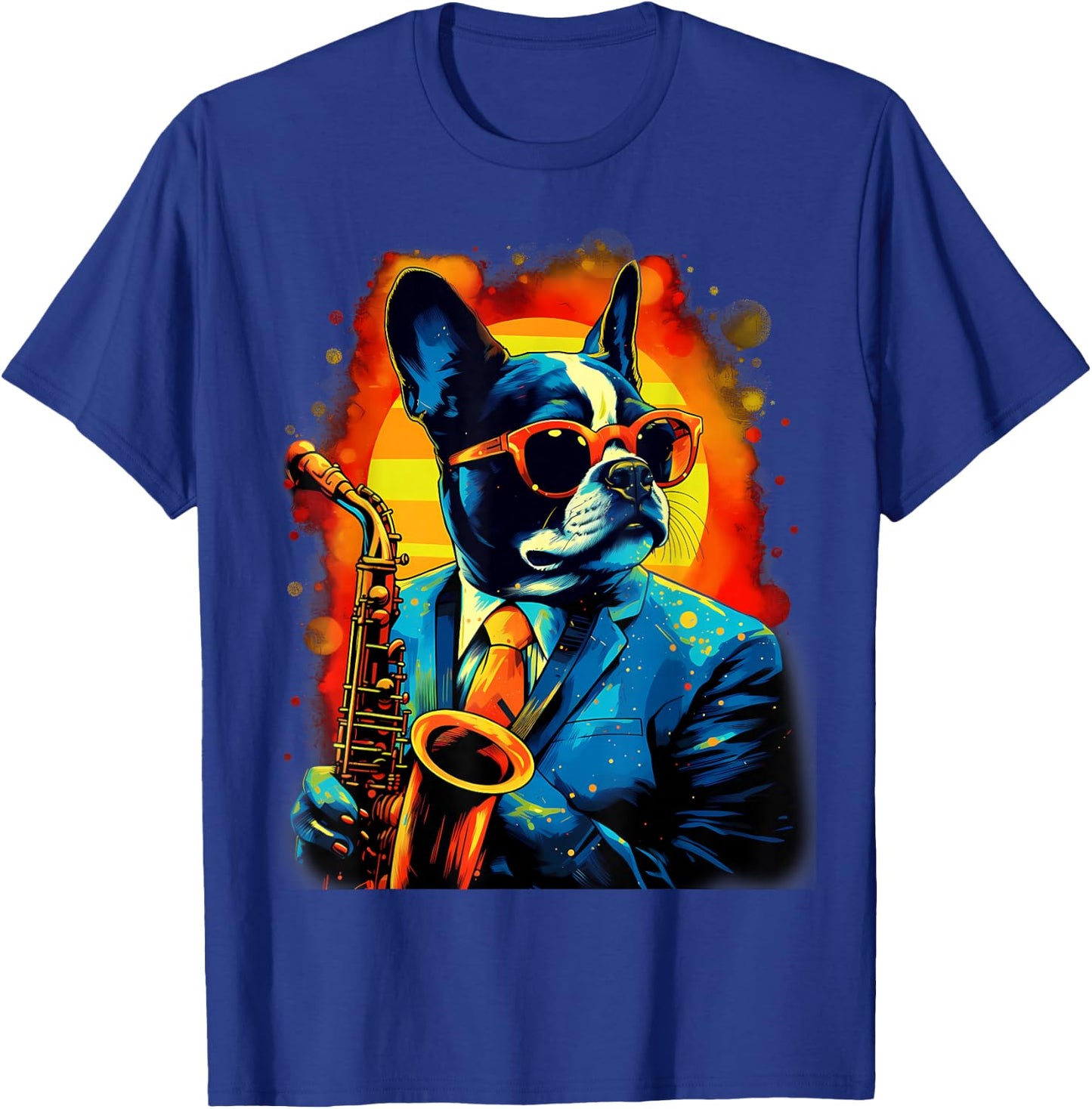 Jazz Musician Boston Terrier Dog Saxophone T-Shirt - T-Shirt | Royal