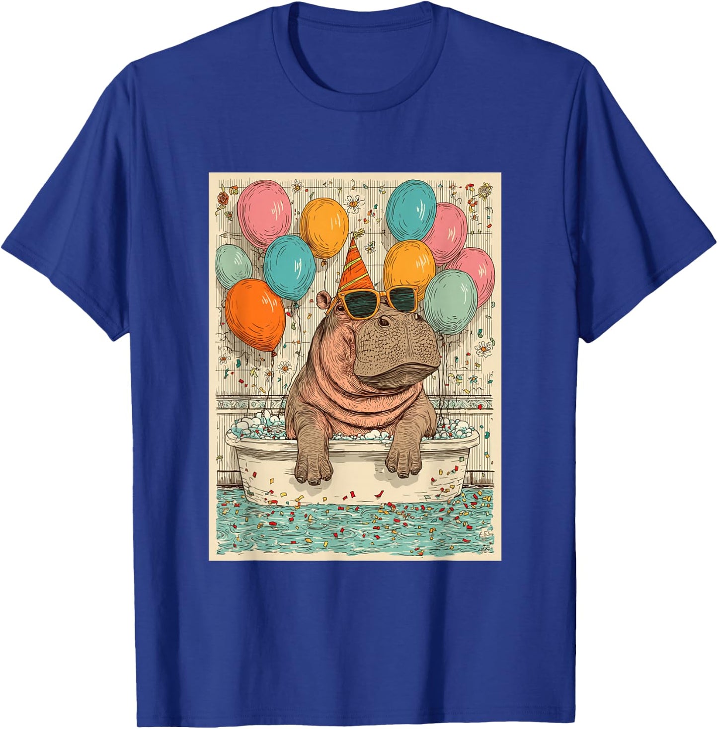 Hippo Birthday Party Balloons Bathtub Art Print T-Shirt - T-Shirt | Royal