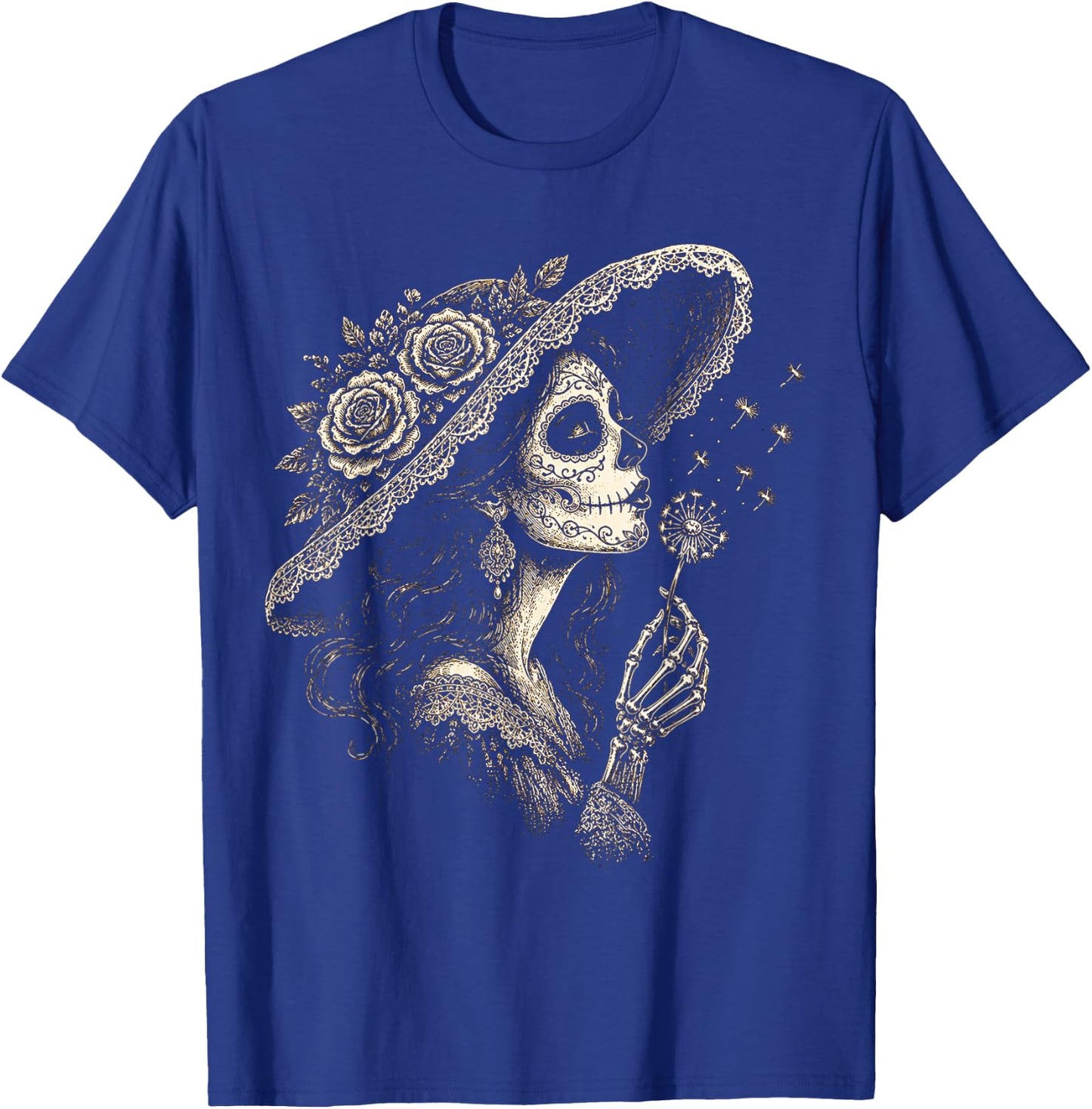 la Catrina Blowing Wish Sugar Skull Lady Dandelion Art T-Shirt - T-Shirt | Royal