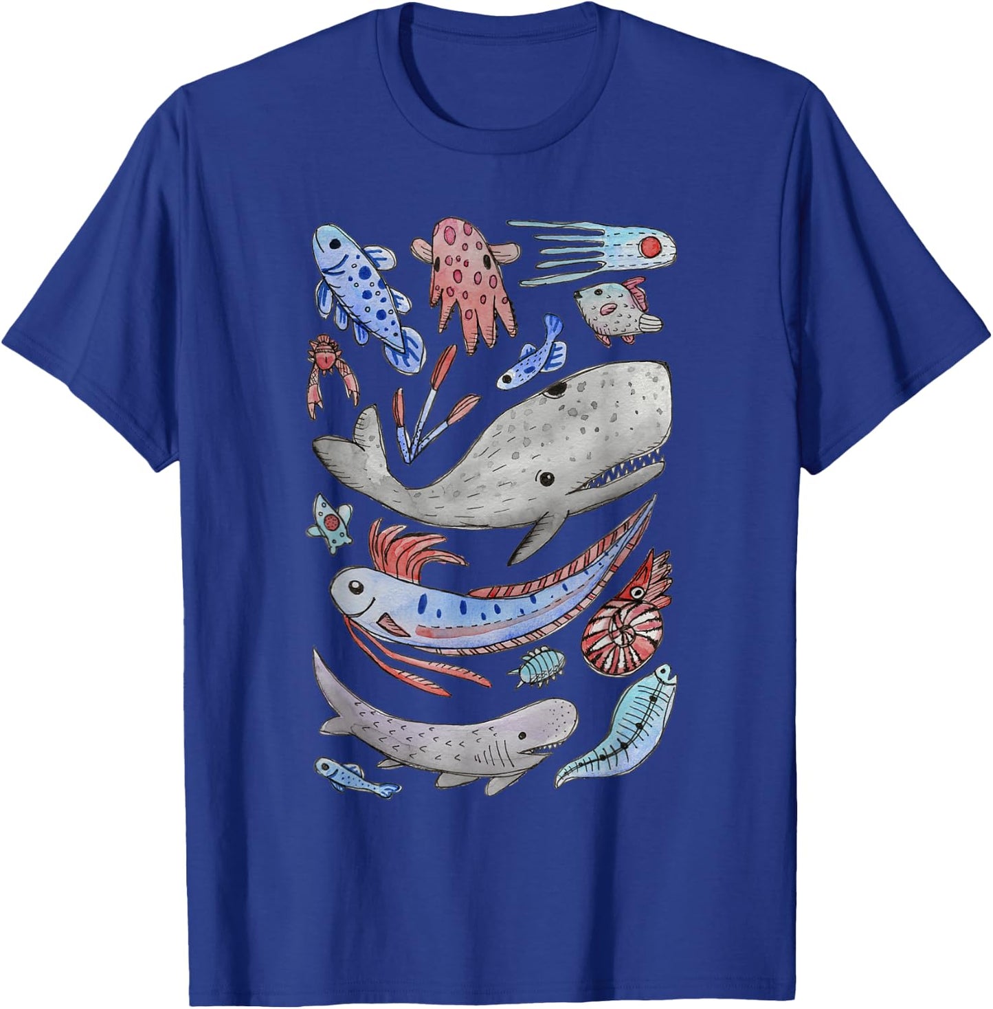 Deep Sea Ocean Creatures Oarfish Whale Shark Watercolor T-Shirt - T-Shirt | Royal