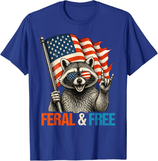 Feral and Free Funny Raccoon Feral But Free 4th of July T-Shirt - T-Shirt | Royal