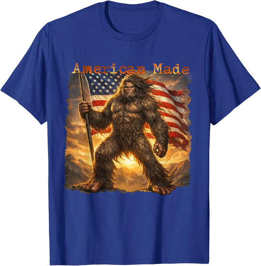 American Made Funny Bigfoot USA Flag Retro T-Shirt - T-Shirt | Royal