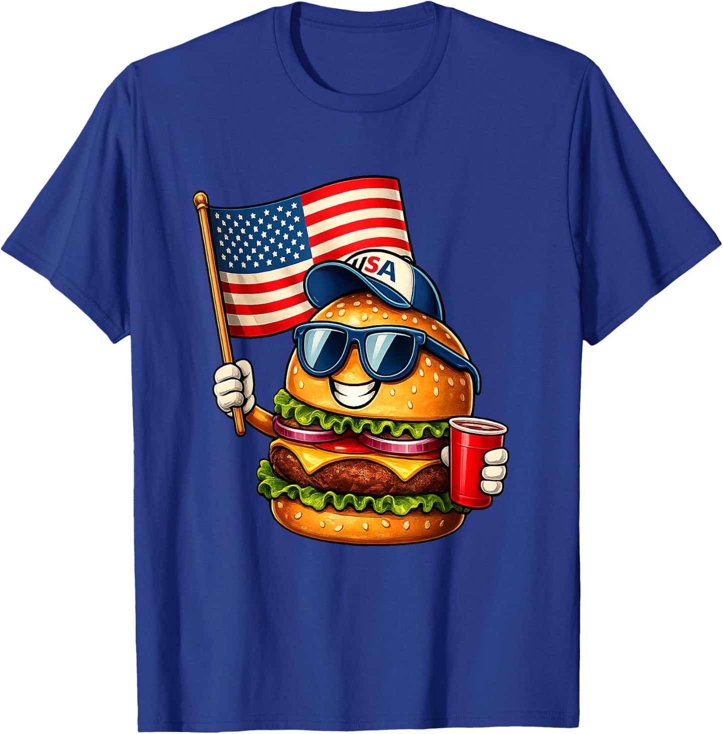 Funny 4th of July Burger Patriotic USA Flag BBQ T-Shirt - T-Shirt | Royal
