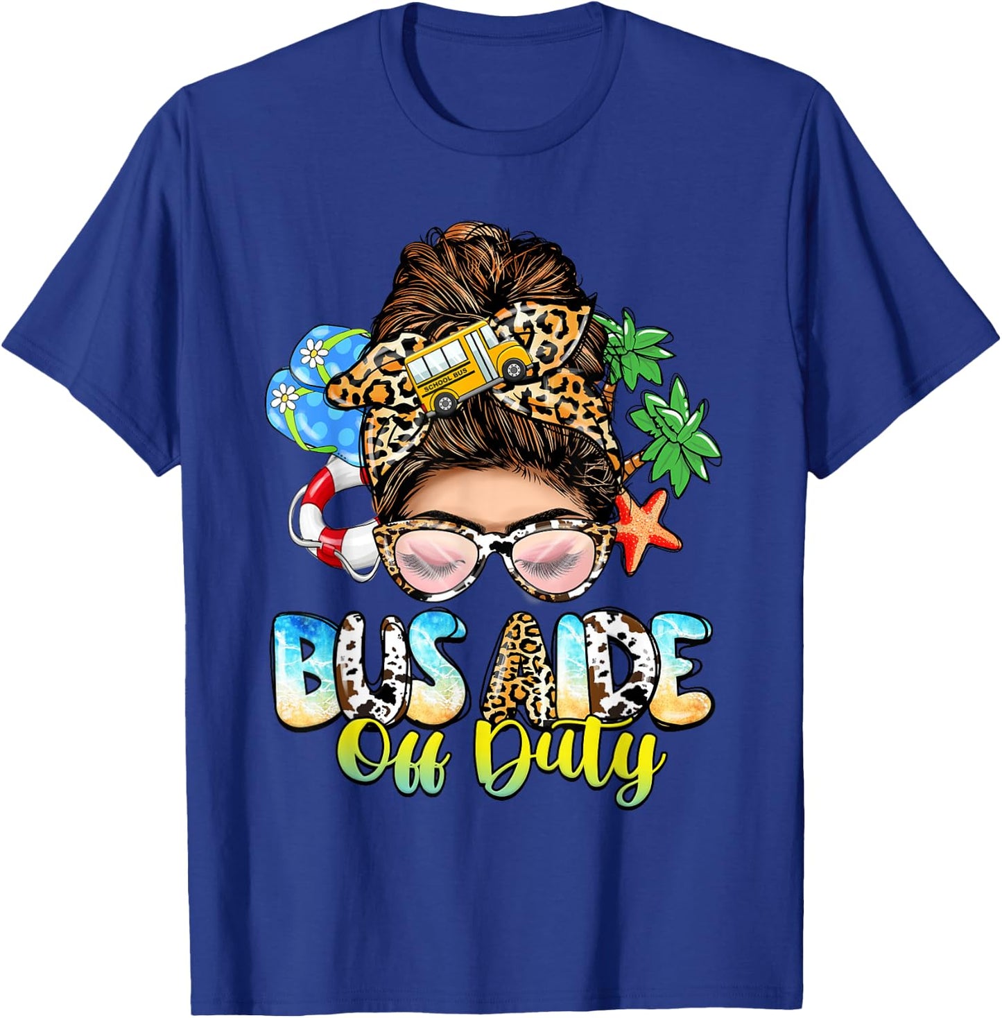 Buses Consultant Messy Bun Leopard Last Day of School T-Shirt - T-Shirt | Royal