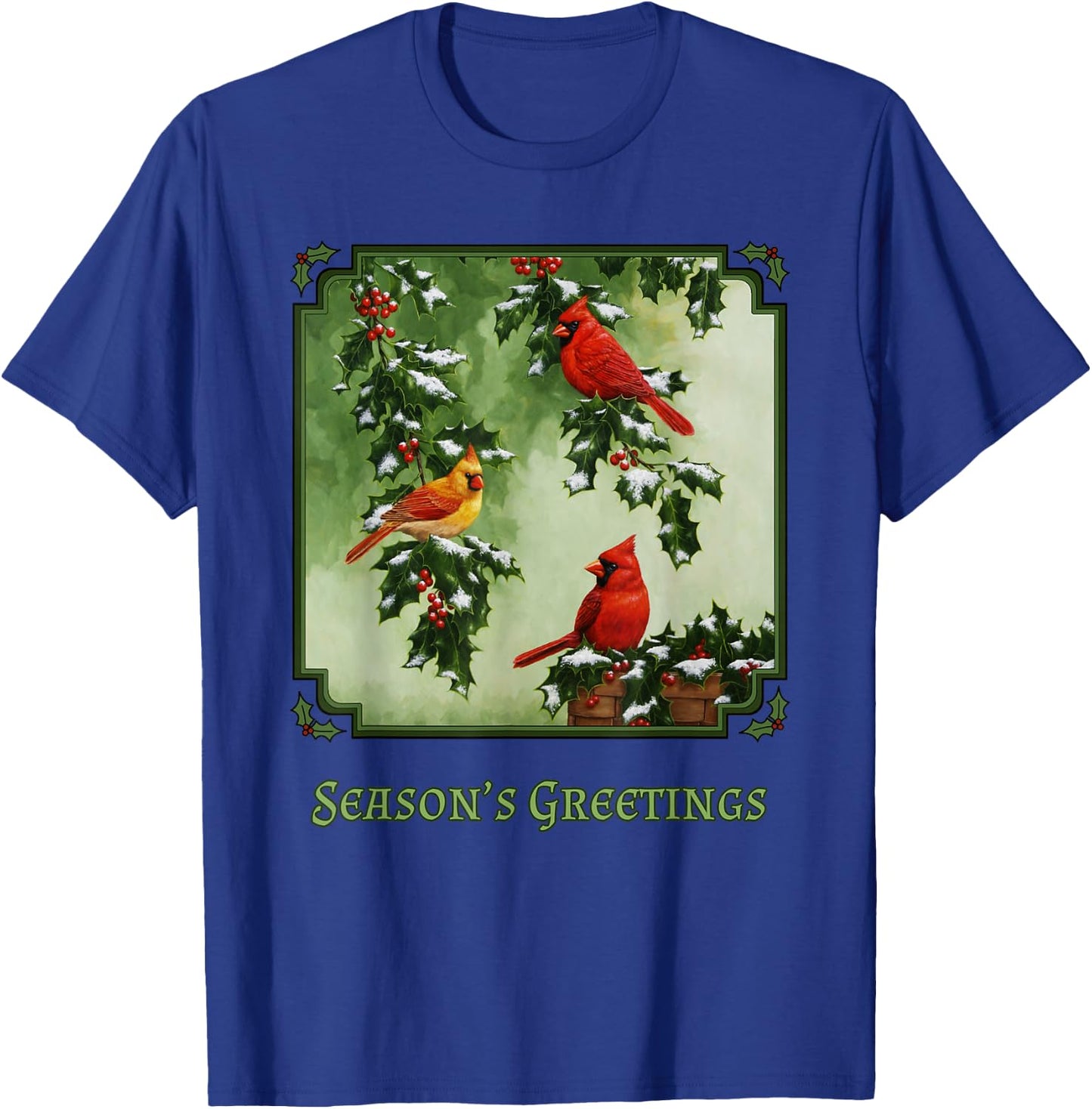 Red Cardinal Birds Christmas Holly Berries Leaves Snow T-Shirt - T-Shirt | Royal