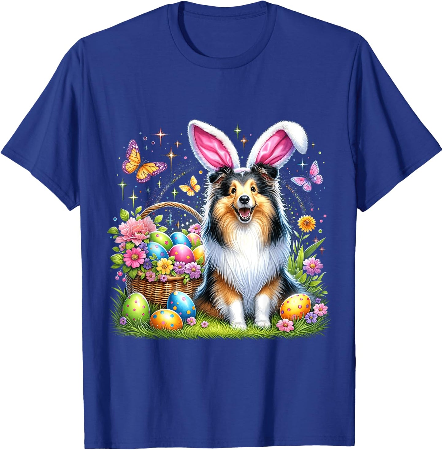 Cute Bunny Shetland Sheepdog Dog Easter Eggs Basket Party T-Shirt - T-Shirt | Royal