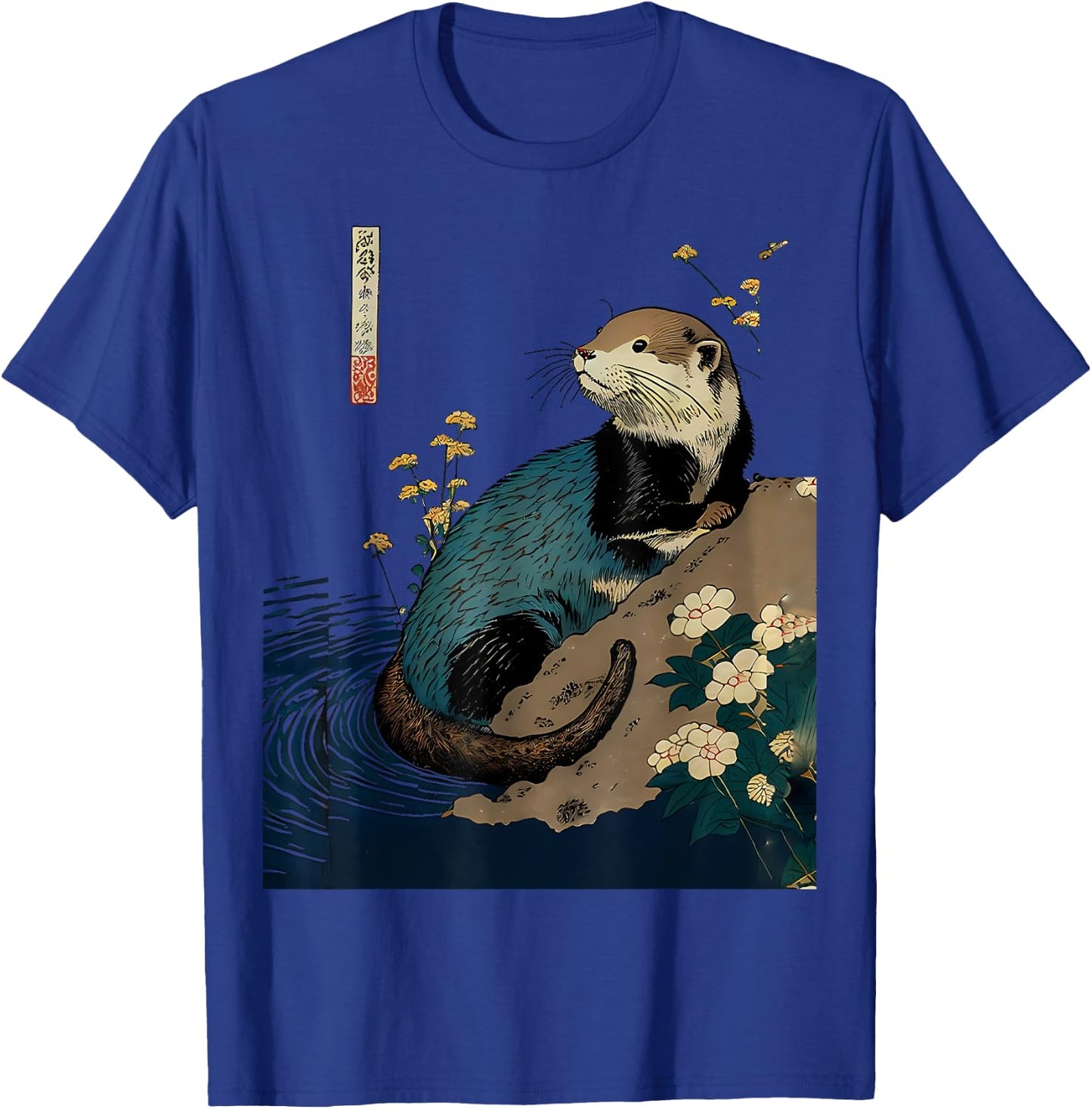 Floral Otter Water Japanese Art Print T-Shirt - T-Shirt | Royal
