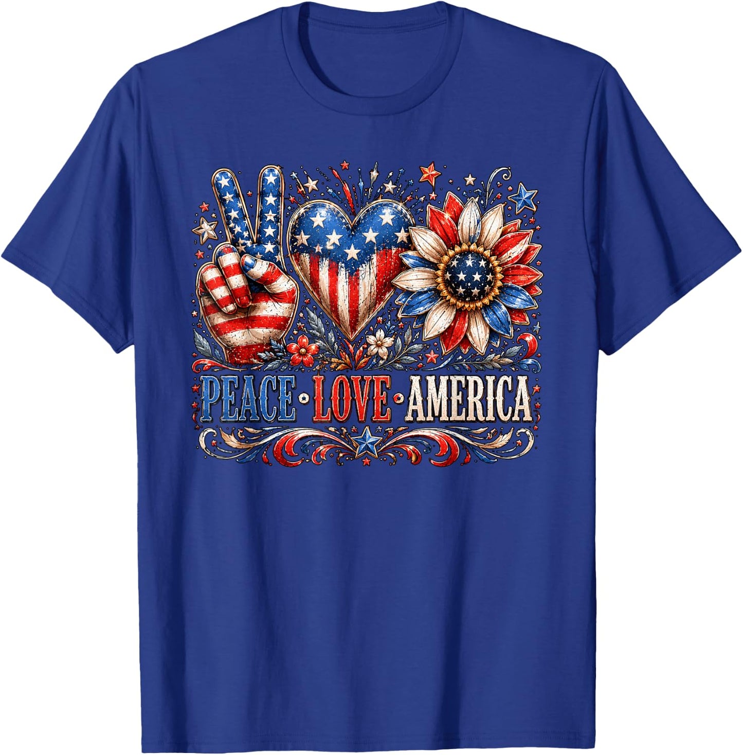 Patriotic Sunflower USA Flag Peace Love America 4th of July T-Shirt - T-Shirt | Royal