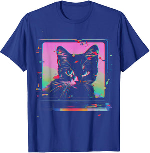 Psychedelic Trippy Glitch Cat | 80s 90s Vaporwave Synthwave T-Shirt - T-Shirt | Royal