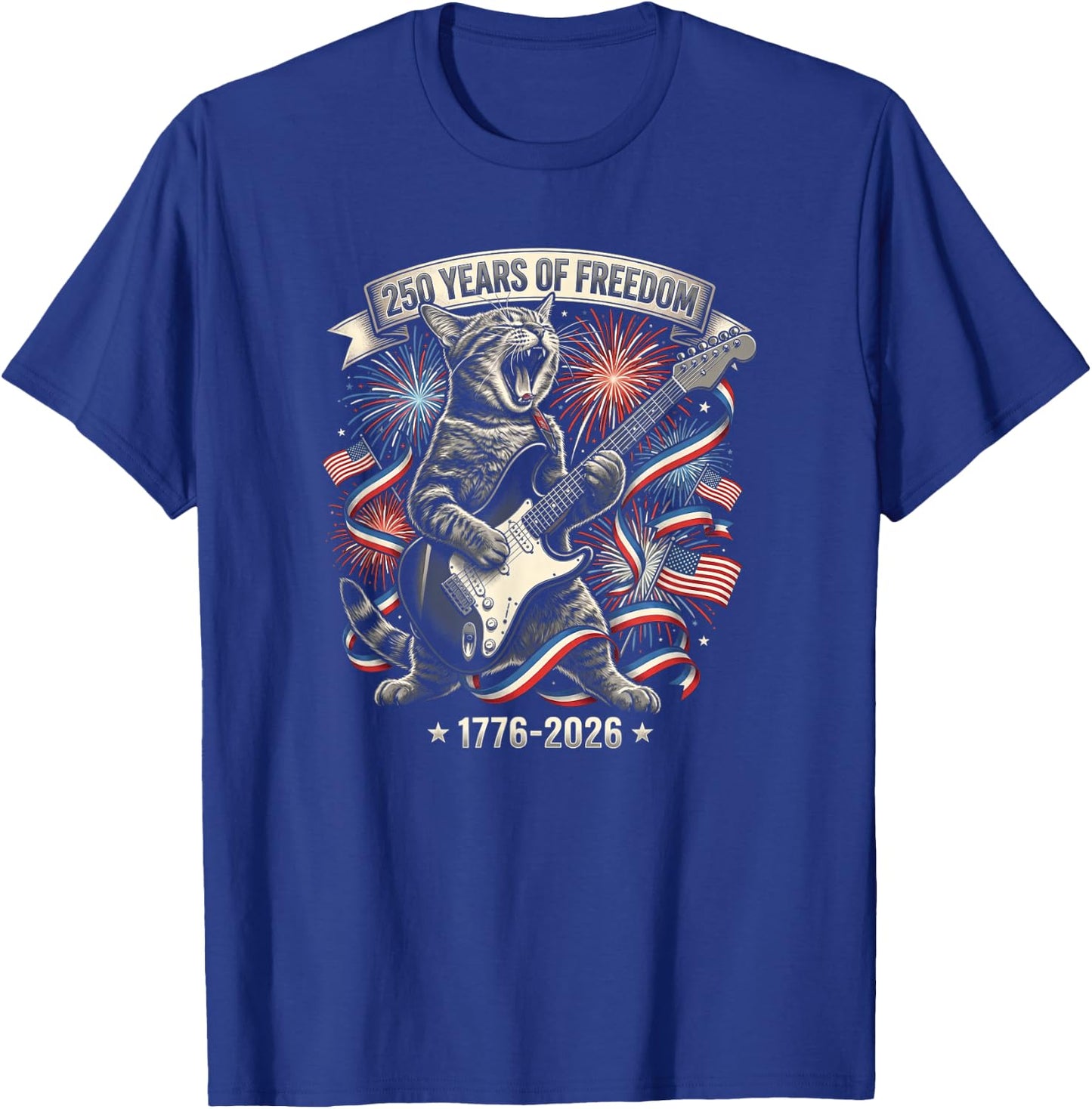 Funny Cat 250 Years Rock American Flag Patriotic 4th of July T-Shirt - T-Shirt | Royal