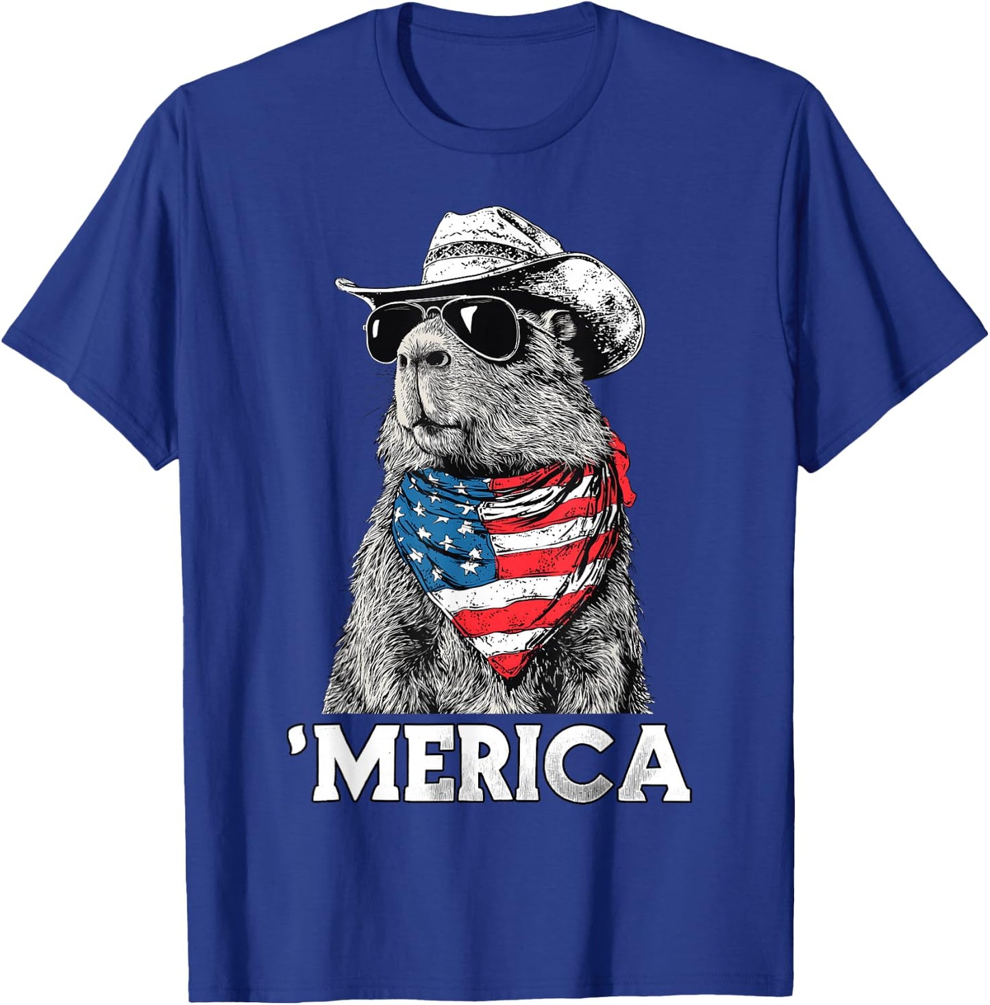 Capybara Sunglasses American Flag Bandana Cowboy Hat Country T-Shirt - T-Shirt | Royal