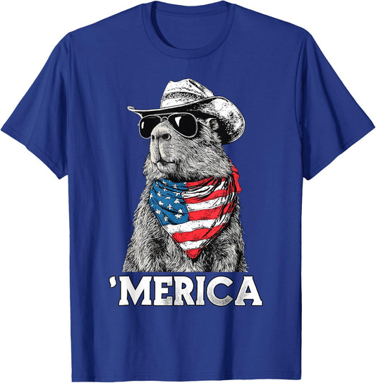 Capybara Sunglasses American Flag Bandana Cowboy Hat Country T-Shirt - T-Shirt | Royal