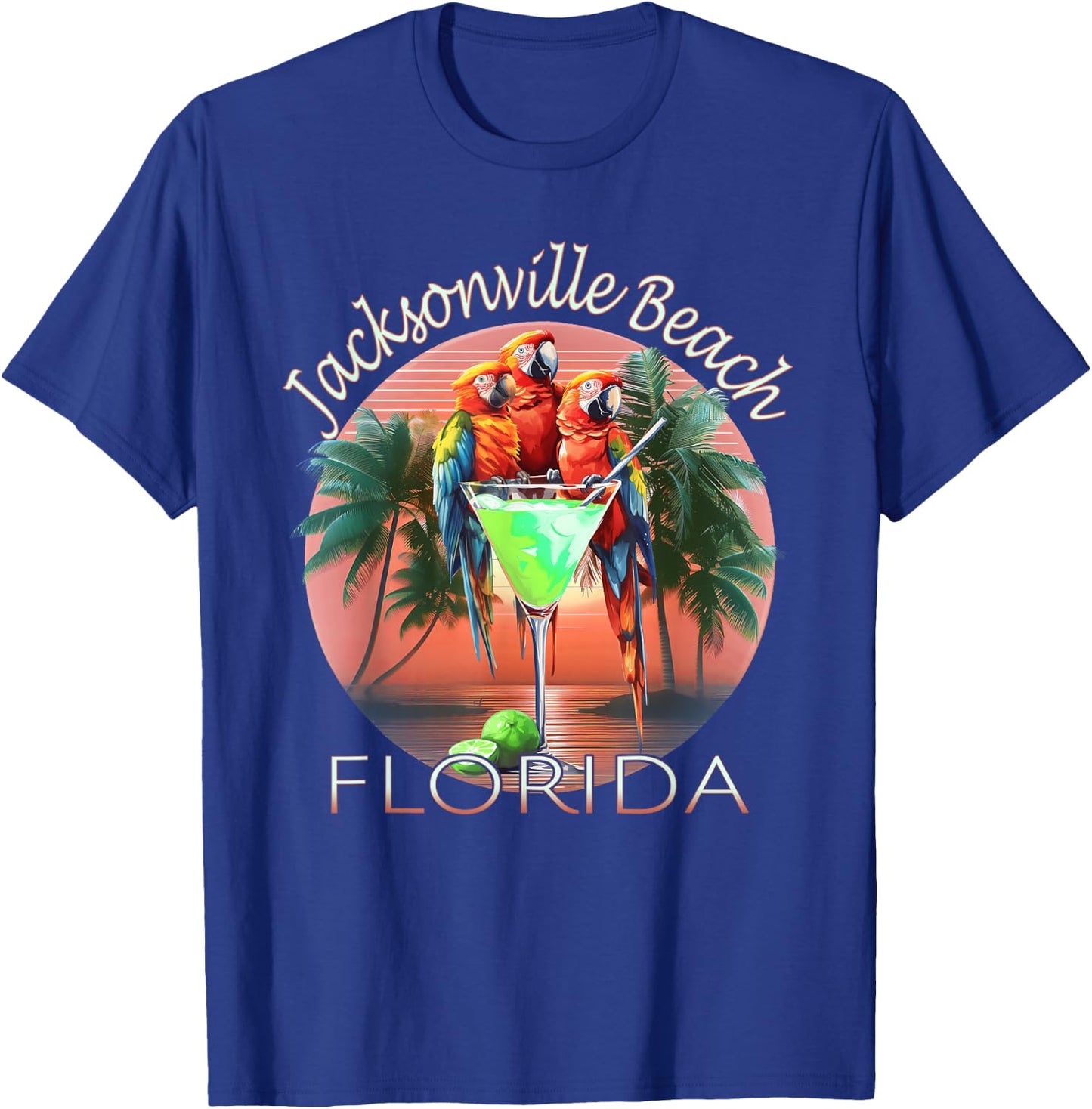 Parrots and Margaritas Jacksonville Beach Florida Vacation T-Shirt - T-Shirt | Royal