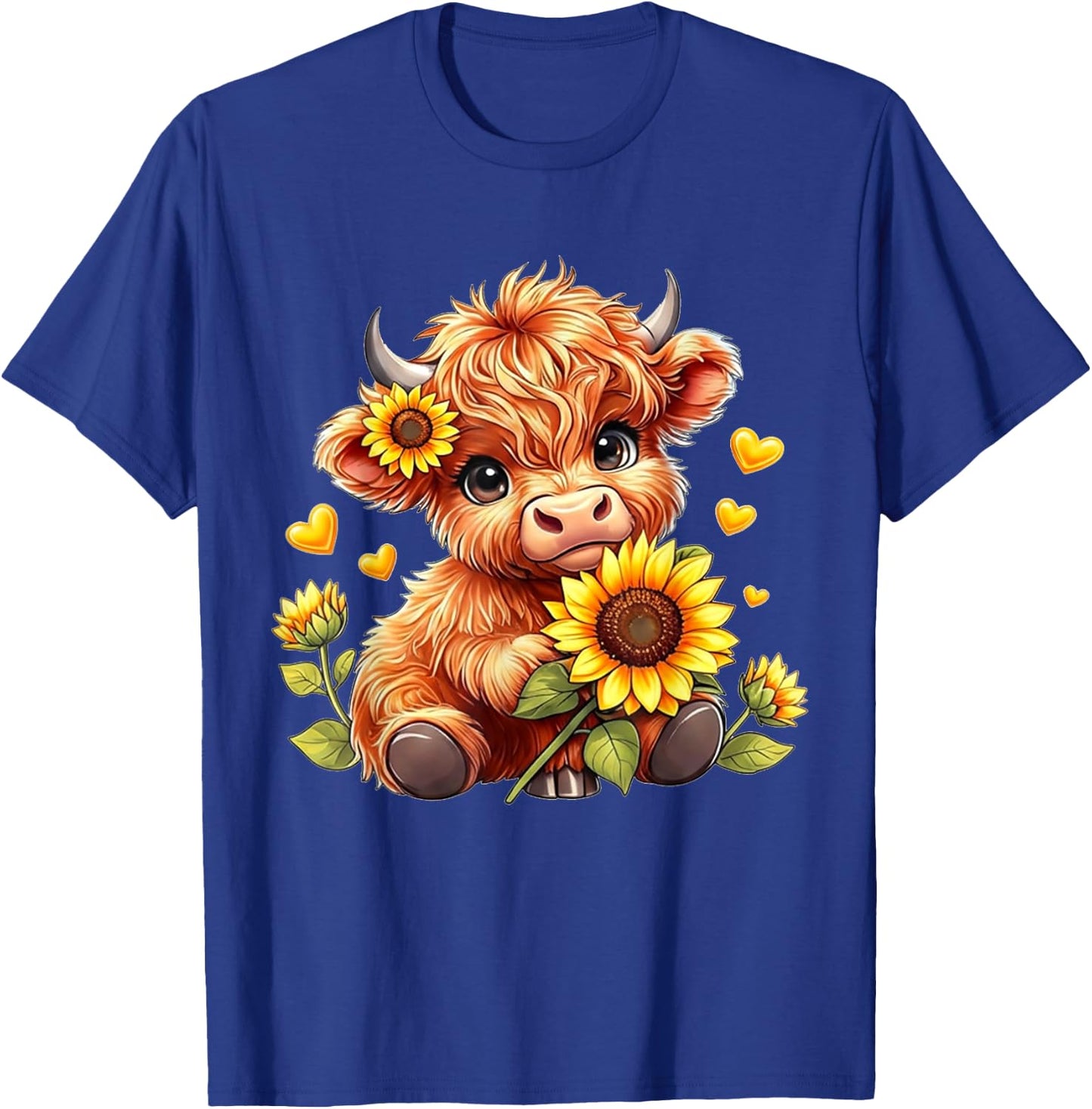 Cute Highland Cow Sunflowers Girls Women Animal Lovers T-Shirt - T-Shirt | Royal