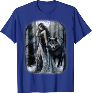 Frau und Grauer Wolf im dunklen Wald mit Mond Fantasy T-Shirt - T-Shirt | Royal