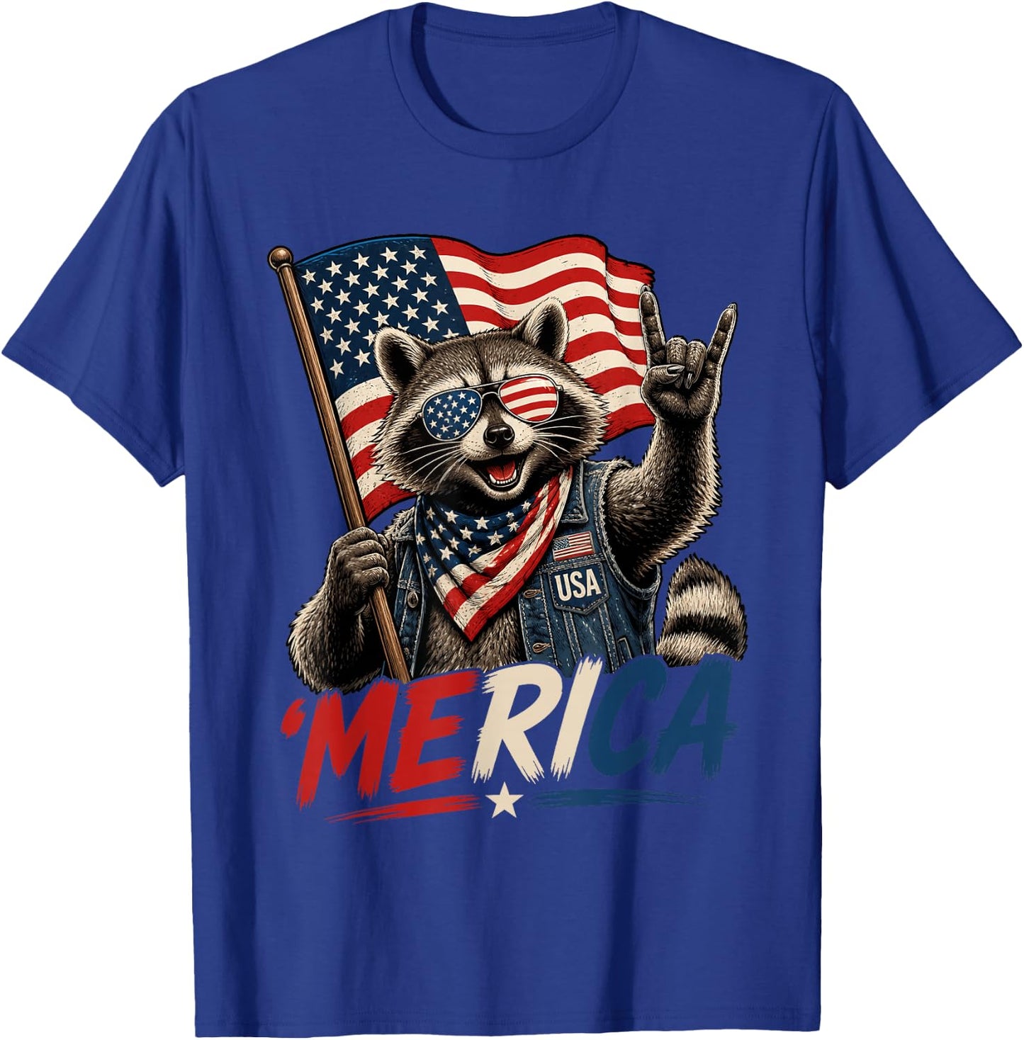 4th of July Raccoon Merica Rock Men Women Kid USA Flag T-Shirt - T-Shirt | Royal
