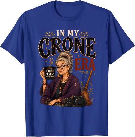 in My Crone Era Witchy Birthday Coffee Cat Woman T-Shirt - T-Shirt | Royal