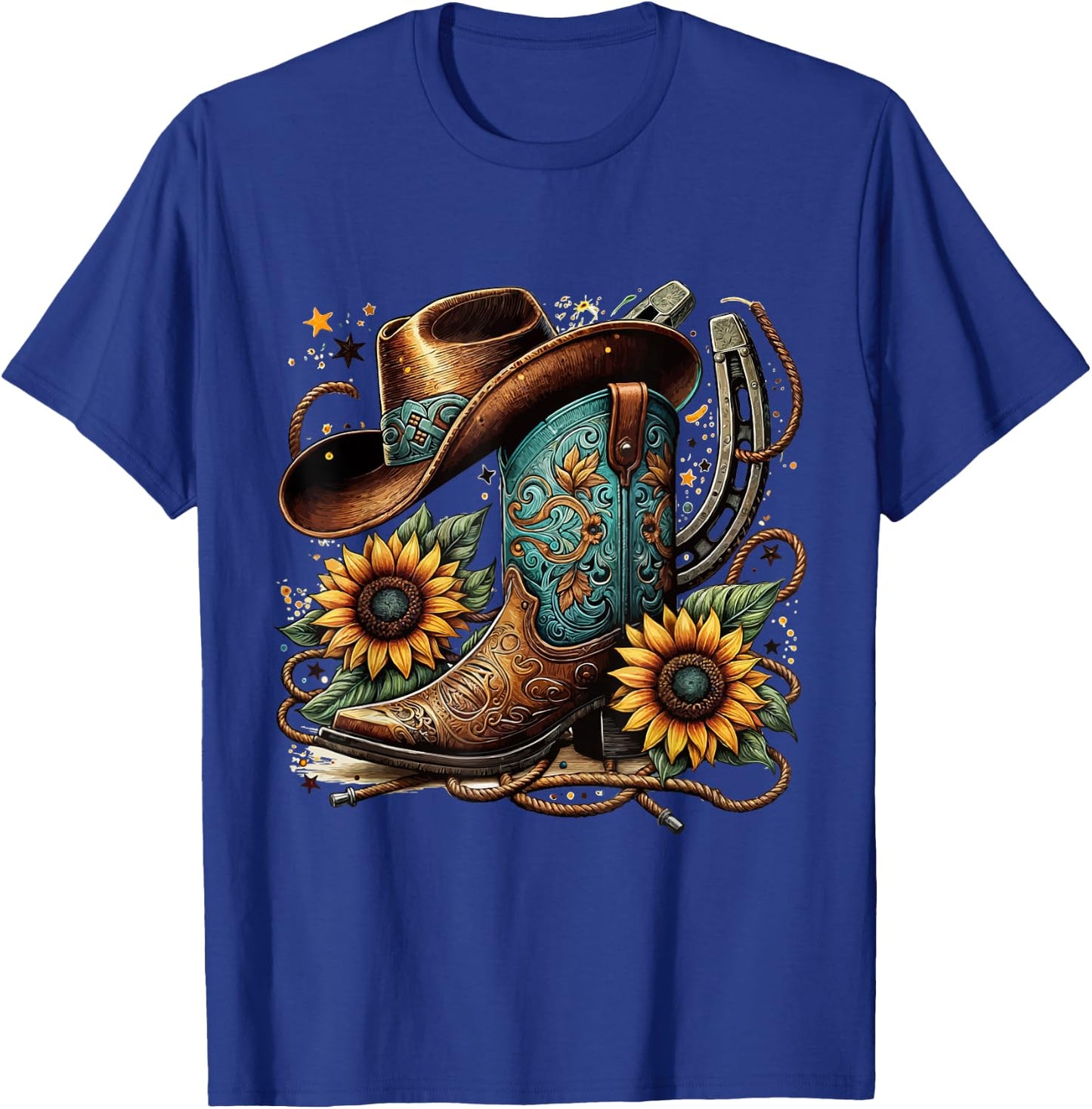 Western Cowboy Boots Horseshoe Sunflower Rope Cowgirl Boat , black T-Shirt - T-Shirt | Royal