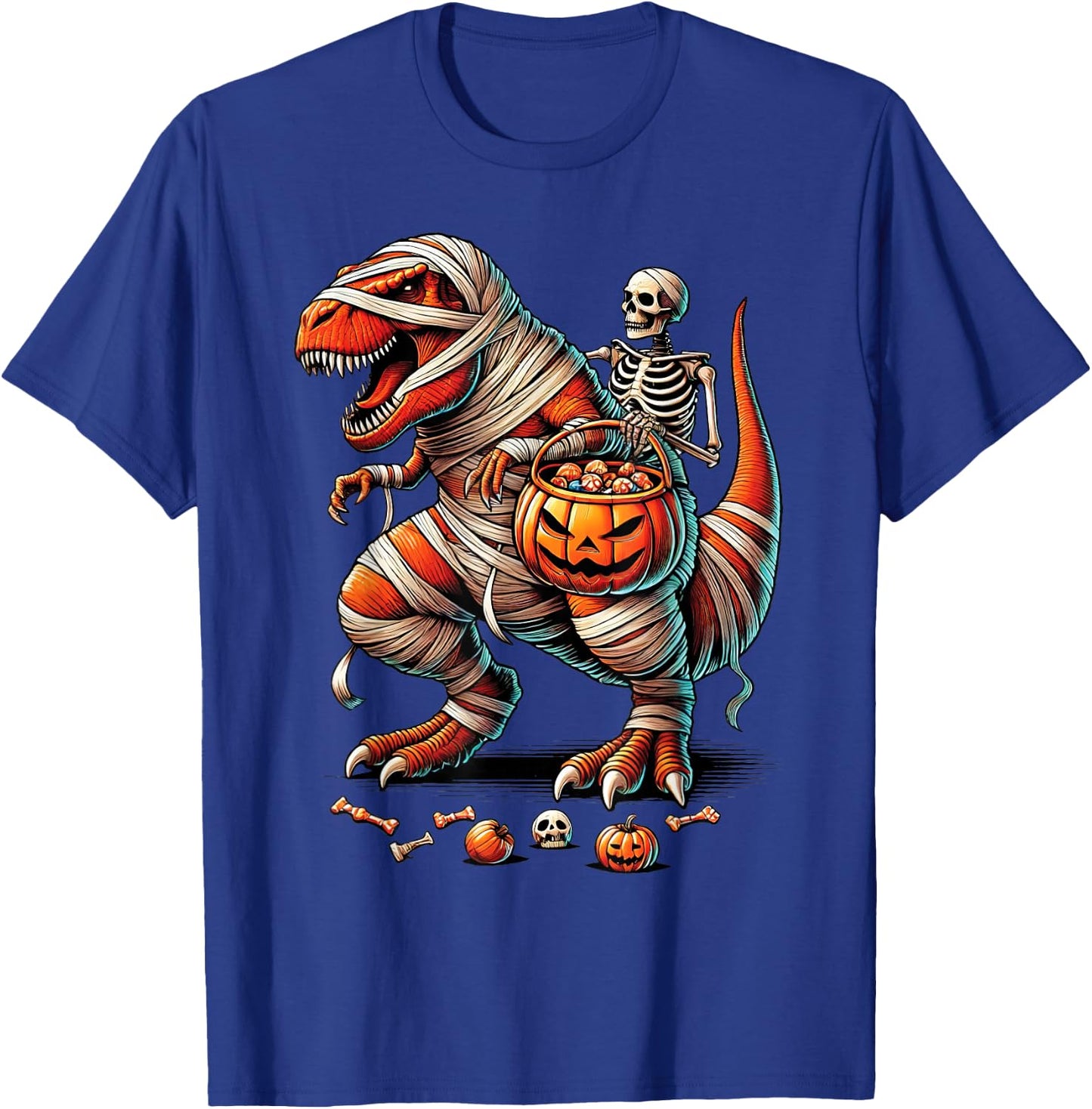 Skeleton Riding Mummy Dinosaur T Rex Kid Boy Funny Halloween T-Shirt - T-Shirt | Royal