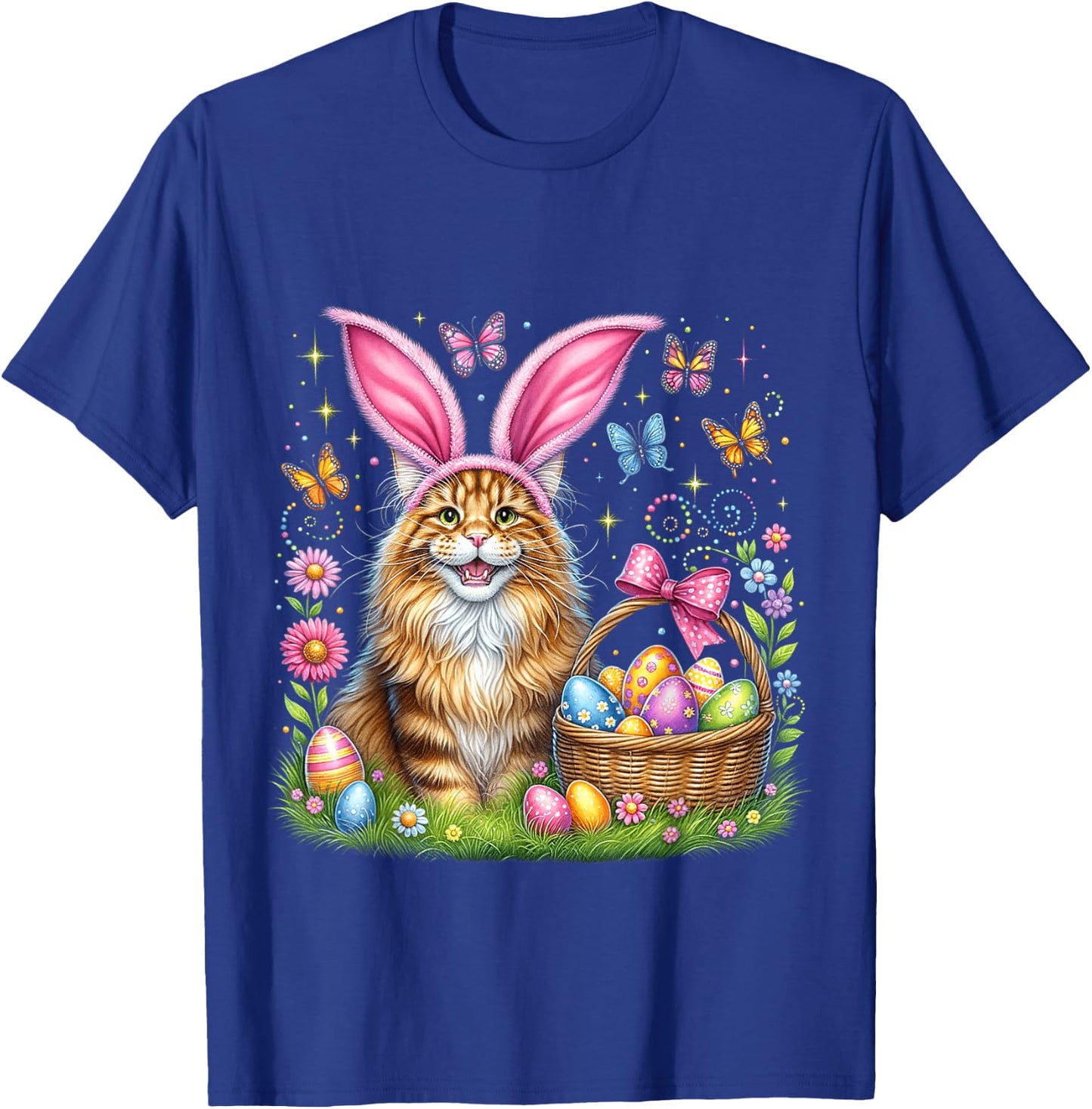 Happy Easter Cute Bunny Maine Coon Cat Easter Eggs Basket T-Shirt - T-Shirt | Royal