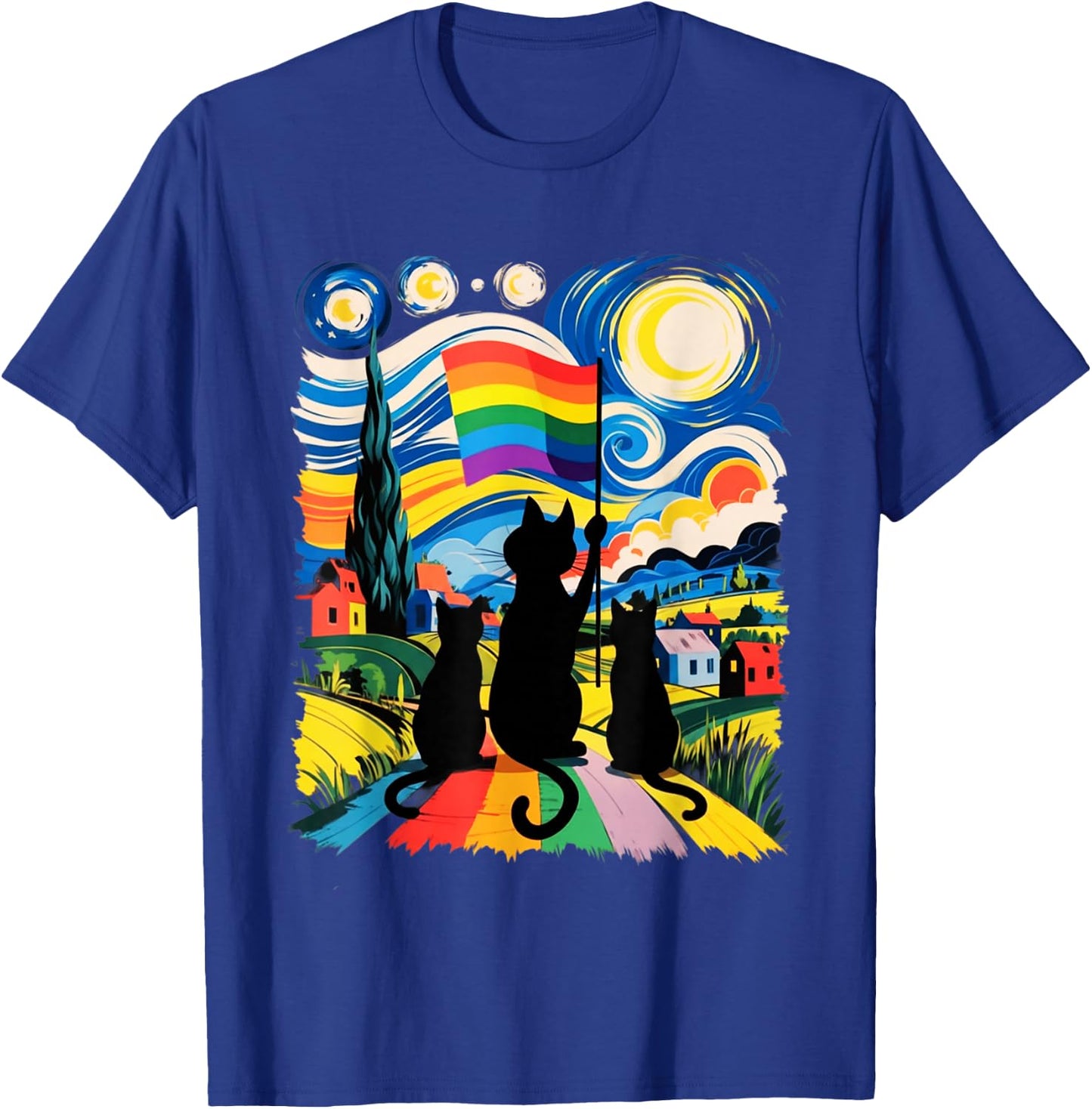 Gay Pride Cats Art Cat Starry Night Style LGBTQ Support T-Shirt - T-Shirt | Royal