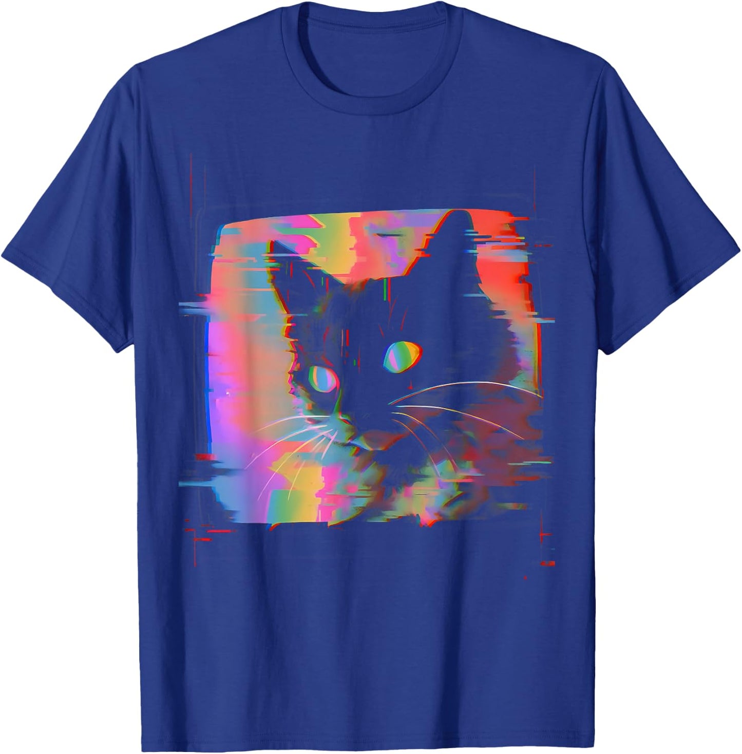 Psychedelic Trippy Glitch Cat | 80s 90s Vaporwave Synthwave T-Shirt - T-Shirt | Royal