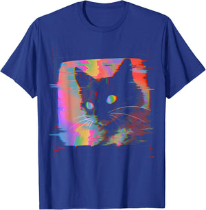 Psychedelic Trippy Glitch Cat | 80s 90s Vaporwave Synthwave T-Shirt - T-Shirt | Royal