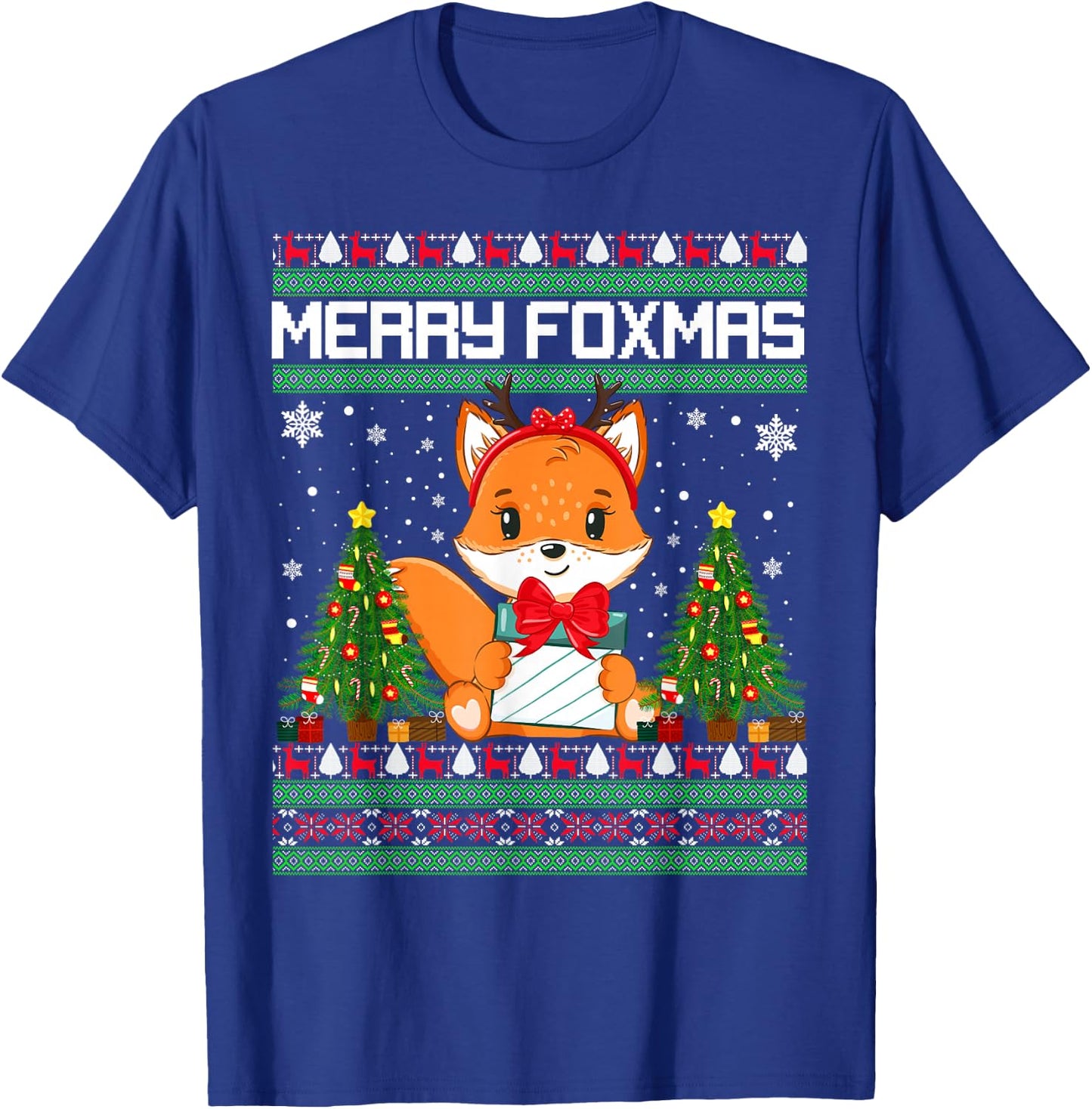Merry Foxmas Santa Fox Lights Fox Lovers Ugly Xmas Sweater T-Shirt - T-Shirt | Royal