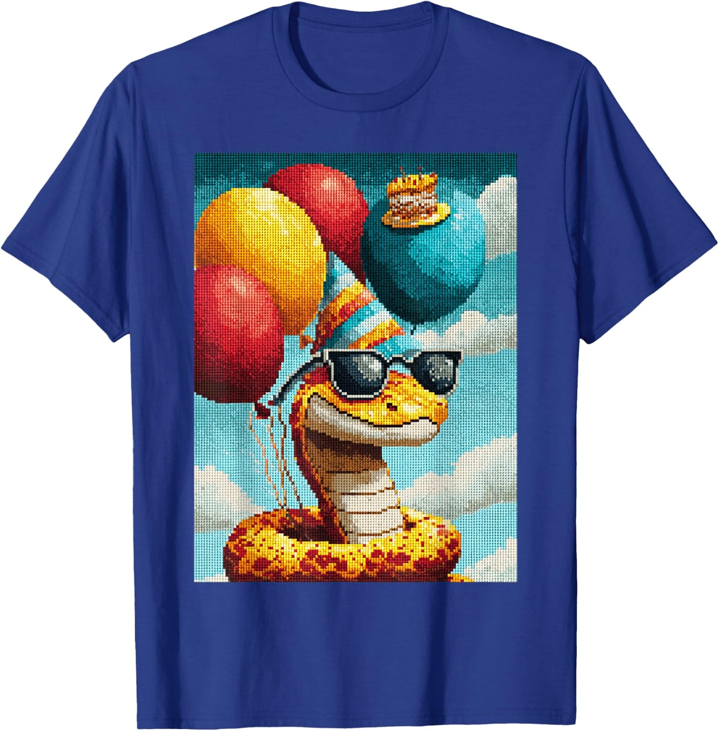 Retro Snake Birthday Party Balloons & Cake Pixel Animal T-Shirt - T-Shirt | Royal