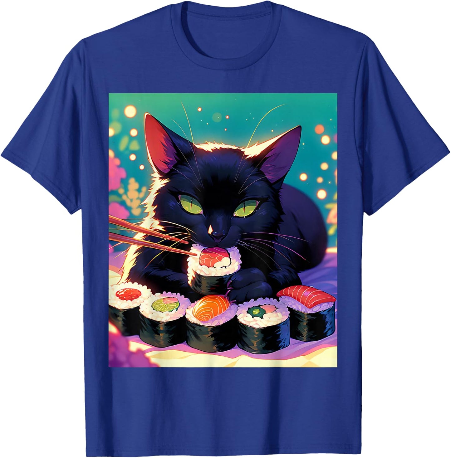 Black Cat Eating Sushi Anime Funny Cat Gifts Men Women Kids T-Shirt - T-Shirt | Royal