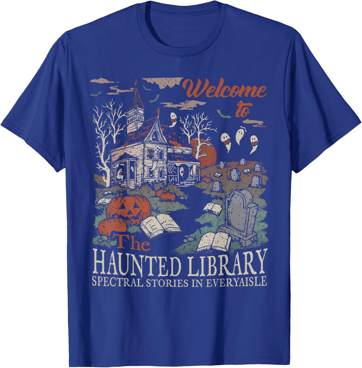 Retro Welcome To The Haunted Library Book Lovers Halloween T-Shirt - T-Shirt | Royal