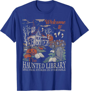 Retro Welcome To The Haunted Library Book Lovers Halloween T-Shirt - T-Shirt | Royal