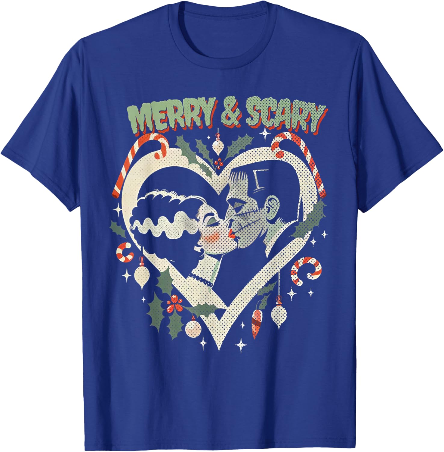 Merry & Scary Frankie & Liz Christmas T-Shirt - T-Shirt | Royal