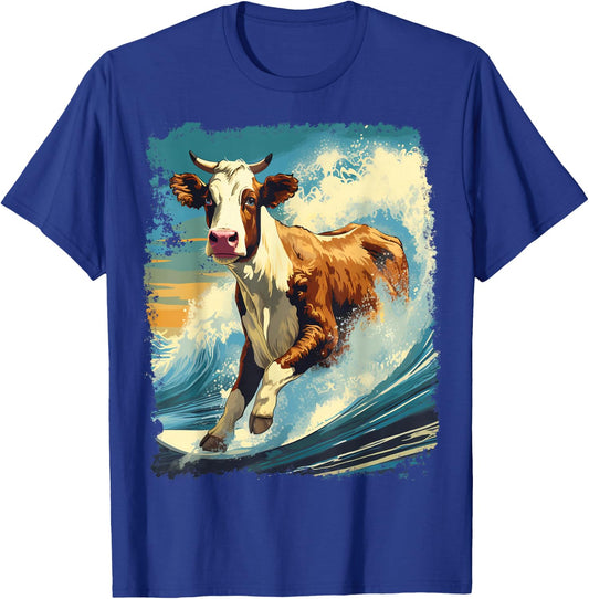 Pop Art Colorful Cow Surfing T-Shirt - T-Shirt | Royal