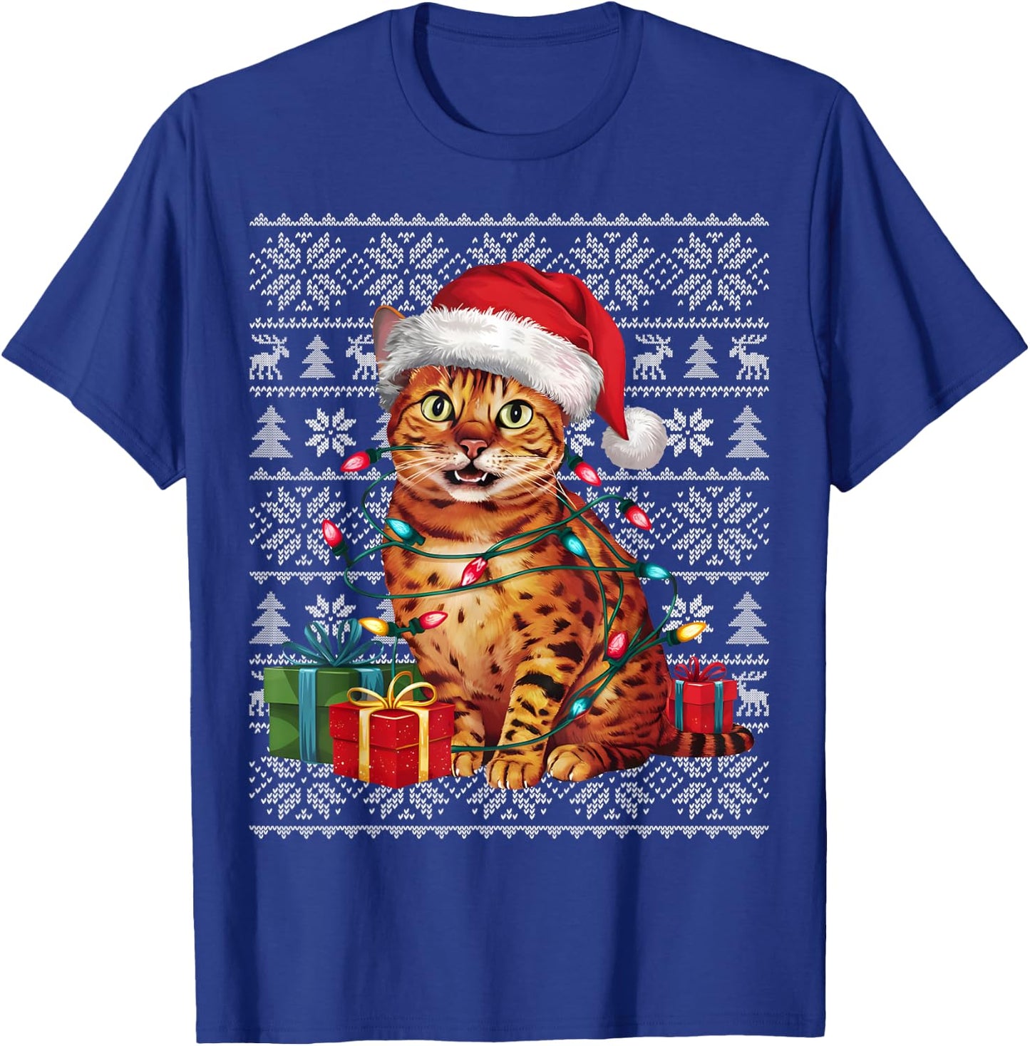 Xmas Sweater Style Ugly Santa Hat Bengal Cat Christmas Women Kids T-Shirt - T-Shirt | Royal