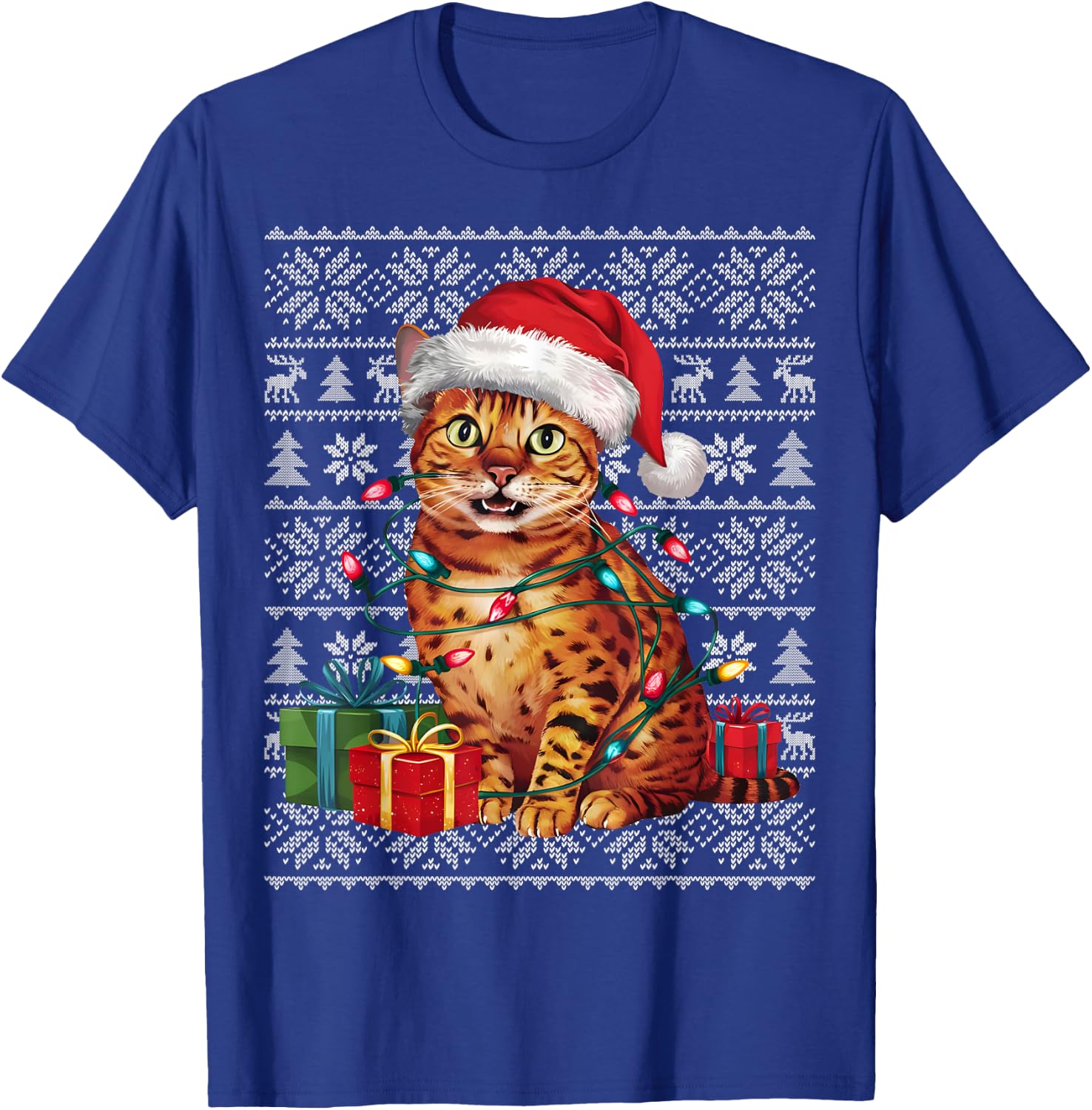 Xmas Sweater Style Ugly Santa Hat Bengal Cat Christmas Women Kids T-Shirt - T-Shirt | Royal