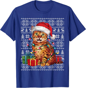 Xmas Sweater Style Ugly Santa Hat Bengal Cat Christmas Women Kids T-Shirt - T-Shirt | Royal
