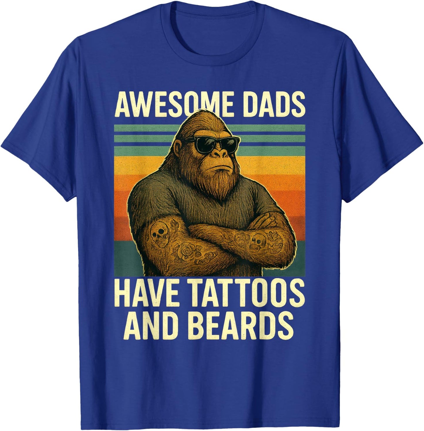 Awesome Dads Tattooed Bearded Bigfoot Retro Fathers Day T-Shirt - T-Shirt | Royal