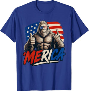 Bigfoot 'Merica Rock Thumbs Up American Flag 4th of July T-Shirt - T-Shirt | Royal