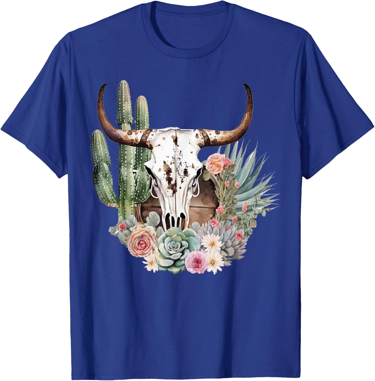 Western Boho Chic Longhorn Bull Skull Cactus Beige Pattern T-Shirt - T-Shirt | Royal