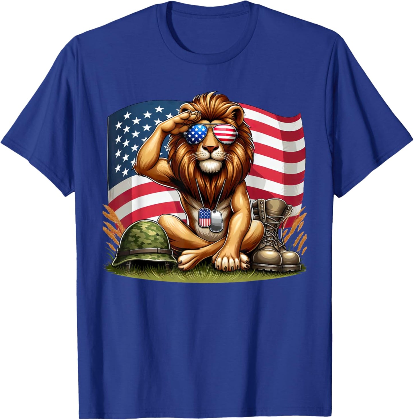 Salute Lion American USA Flag Memorial Day 4th of July T-Shirt - T-Shirt | Royal