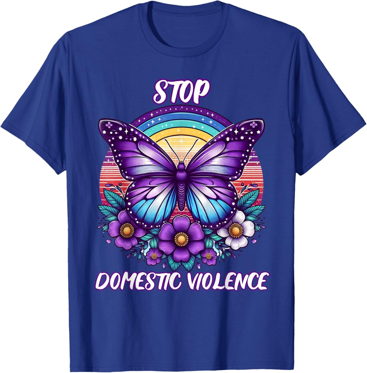 Women's Stop Domestic Violence Purple Retro Rainbow Flowers T-Shirt - T-Shirt | Royal