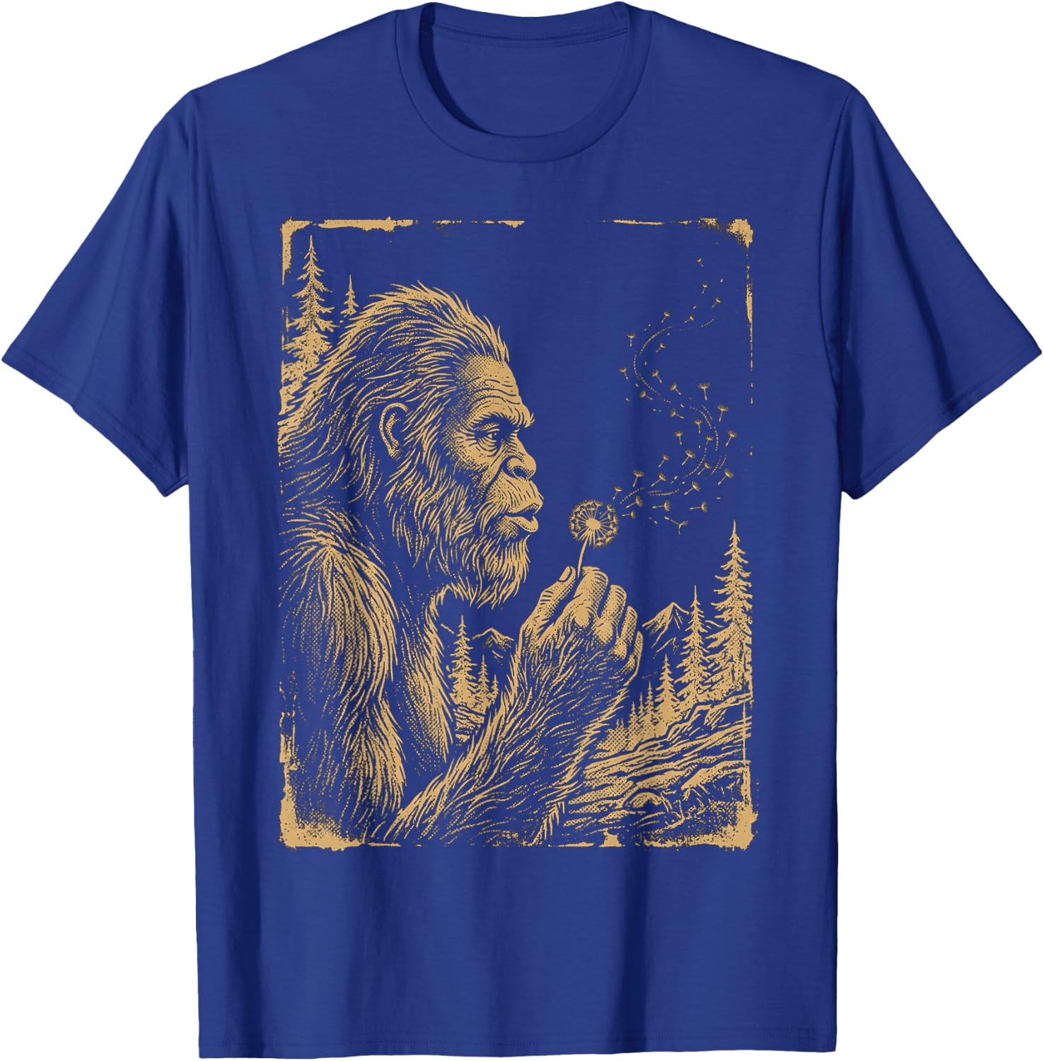 Funny Bigfoot Blowing Wishes Dandelion Vintage Art T-Shirt - T-Shirt | Royal